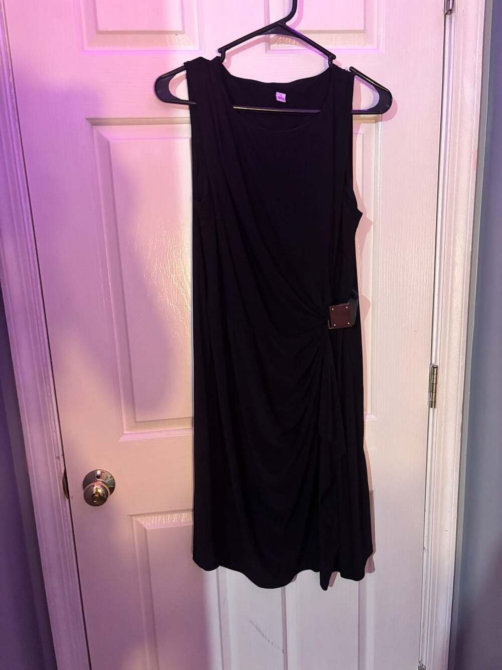 Unbranded Black Sleeveless Midi Dress Size L Ruched Ring Buckle